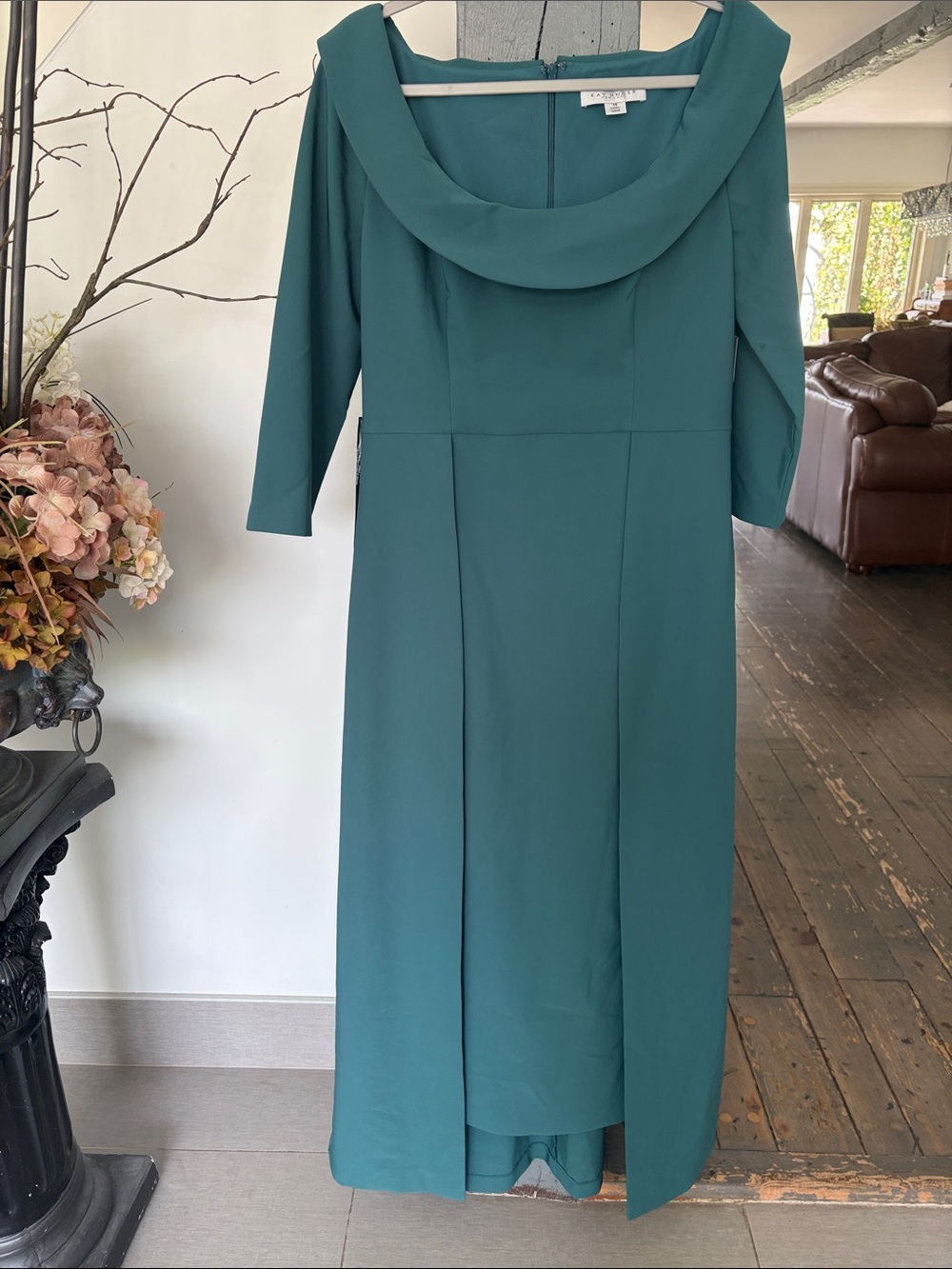 Elegant Teal Midi Dress with Draped Neckline BY KAY UNGER stunning dress
